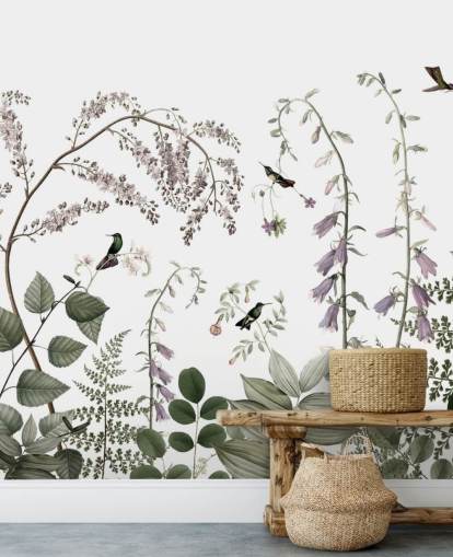 Decorazione murale con piante verdi pallide, rosa e bianche con colibrì Decorazione murale con piante verdi pallide, rosa e bianche con colibrì