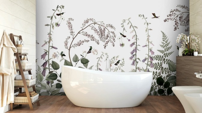 Decorazione murale con piante verdi pallide, rosa e bianche con colibrì