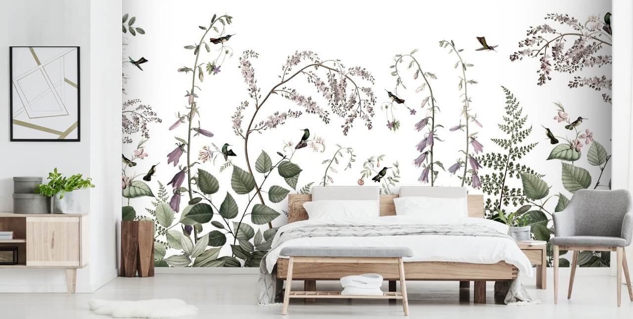 vaaleanvihreä, vaaleanpunainen ja valkoinen kasvitieteellinen kolibrit seinämaalaus vaaleanvihreä, vaaleanpunainen ja valkoinen kasvitieteellinen kolibrit seinämaalaus