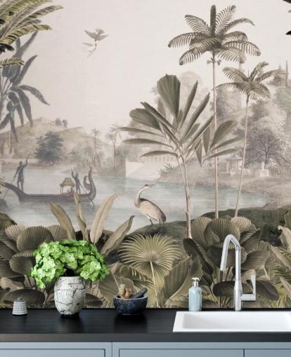 groene aanpasbare luipaardbehangmuurschildering genaamd Leopard Landscape van Sir Edward voor de woonkamer groene aanpasbare luipaardbehangmuurschildering genaamd Leopard Landscape van Sir Edward voor de woonkamer