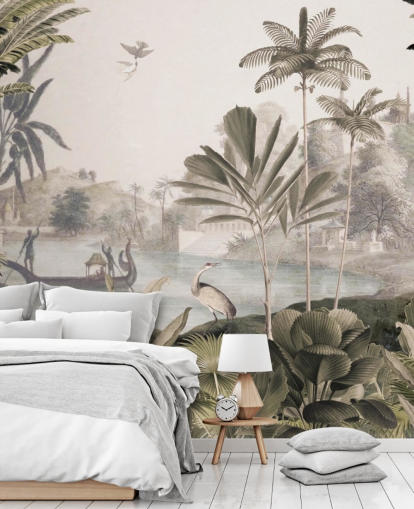 groene aanpasbare luipaardbehangmuurschildering genaamd Leopard Landscape van Sir Edward voor de woonkamer groene aanpasbare luipaardbehangmuurschildering genaamd Leopard Landscape van Sir Edward voor de woonkamer