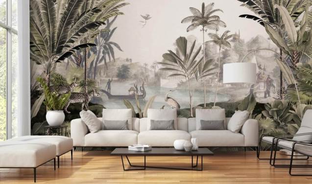 green customisable leopard wallpaper mural called Leopard Landscape by Sir Edward for living room