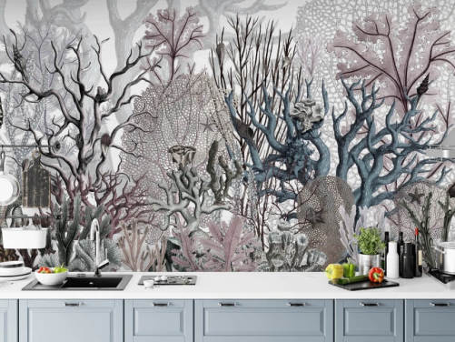 illustrated vintage purple and blue coral wallpaper