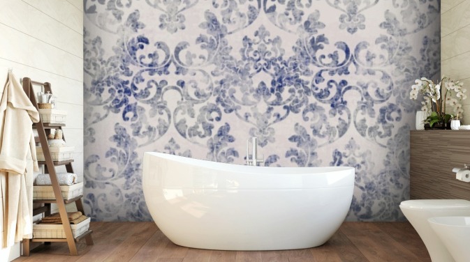 blauw en wit damastbehang