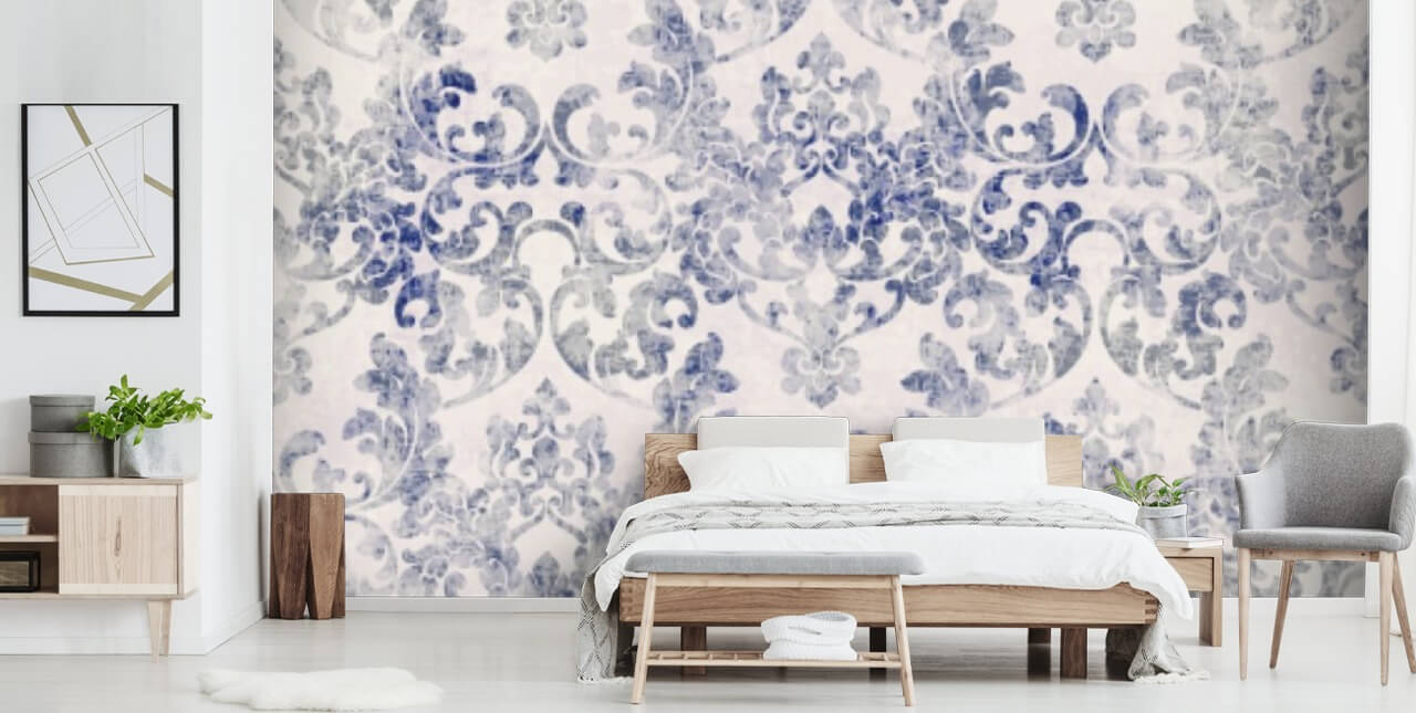 blå og hvid damask tapet