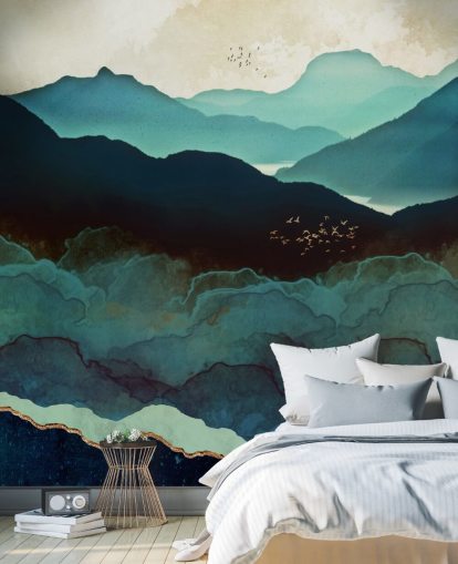 indigo och blå anpassad tapetväggmålning som heter Indigo Mountains av SpaceFrog Designs för vardagsrum indigo och blå anpassad tapetväggmålning som heter Indigo Mountains av SpaceFrog Designs för vardagsrum