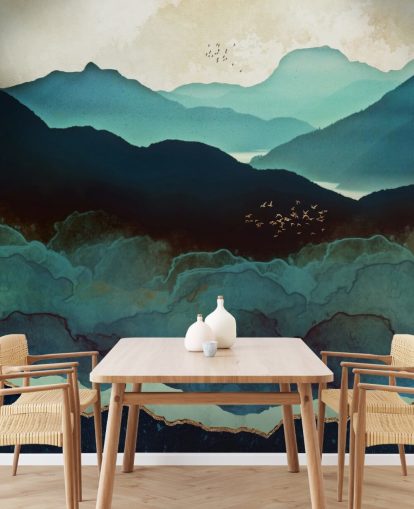 indigo og blått tilpasset tapetmaleri kalt Indigo Mountains av SpaceFrog Designs for stuer indigo og blått tilpasset tapetmaleri kalt Indigo Mountains av SpaceFrog Designs for stuer