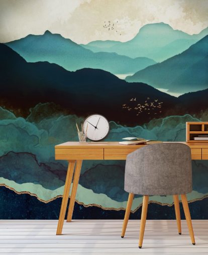 indigo och blå anpassad tapetväggmålning som heter Indigo Mountains av SpaceFrog Designs för vardagsrum indigo och blå anpassad tapetväggmålning som heter Indigo Mountains av SpaceFrog Designs för vardagsrum