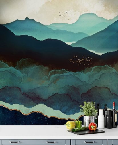 mural de papel de parede personalizado em índigo e azul chamado Indigo Mountains da SpaceFrog Designs para salas de estar mural de papel de parede personalizado em índigo e azul chamado Indigo Mountains da SpaceFrog Designs para salas de estar