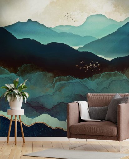 Individuelles Tapeten-Wandbild in Indigoblau und Blau namens Indigo Mountains von SpaceFrog Designs für Wohnzimmer Individuelles Tapeten-Wandbild in Indigoblau und Blau namens Indigo Mountains von SpaceFrog Designs für Wohnzimmer