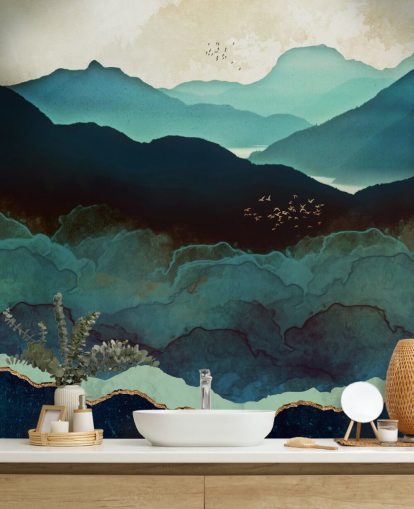 indigo og blått tilpasset tapetmaleri kalt Indigo Mountains av SpaceFrog Designs for stuer indigo og blått tilpasset tapetmaleri kalt Indigo Mountains av SpaceFrog Designs for stuer