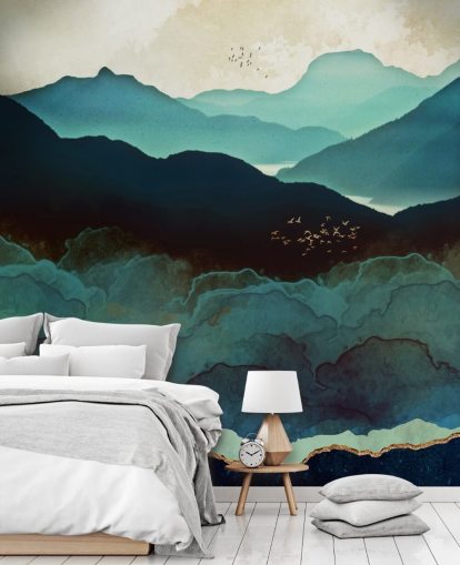 indigo og blått tilpasset tapetmaleri kalt Indigo Mountains av SpaceFrog Designs for stuer indigo og blått tilpasset tapetmaleri kalt Indigo Mountains av SpaceFrog Designs for stuer