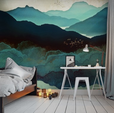indigo og blått tilpasset tapetmaleri kalt Indigo Mountains av SpaceFrog Designs for stuer