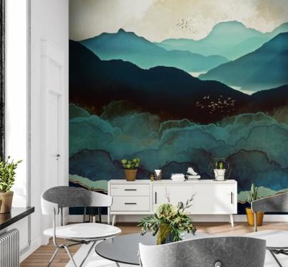 indigo og blåt brugerdefineret tapetmaleri kaldet Indigo Mountains af SpaceFrog Designs til stuer