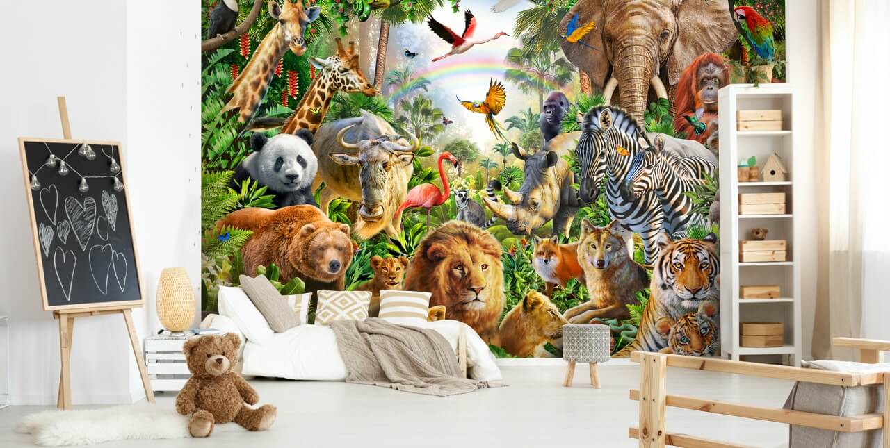 animals from all over the world in jungle wallpaper