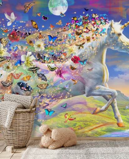 carta da parati unicorno in corsa con criniera di farfalla e uccello carta da parati unicorno in corsa con criniera di farfalla e uccello