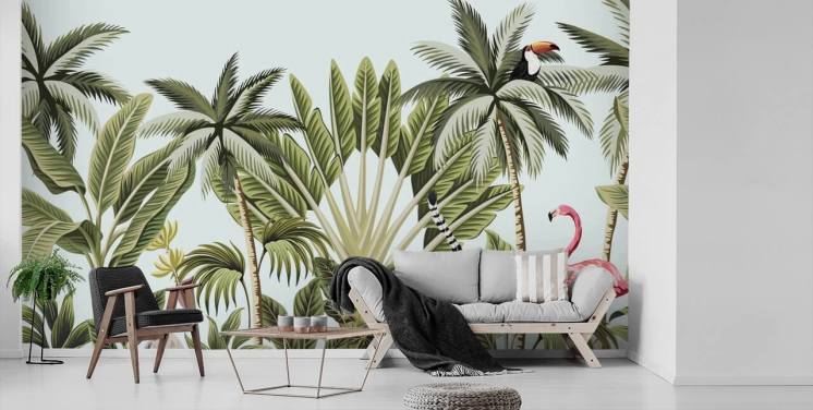 flamingo, aap, maki en toekan in jungle behang
