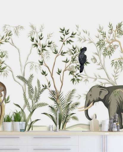 elefante, macacos e papel de parede da selva de pássaros elefante, macacos e papel de parede da selva de pássaros