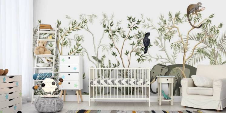 elephant, monkeys and and bird jungle wallpaper