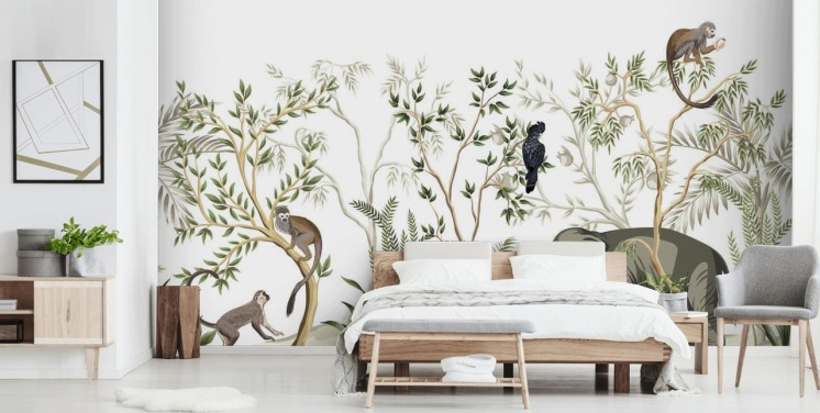 elephant, monkeys and and bird jungle wallpaper