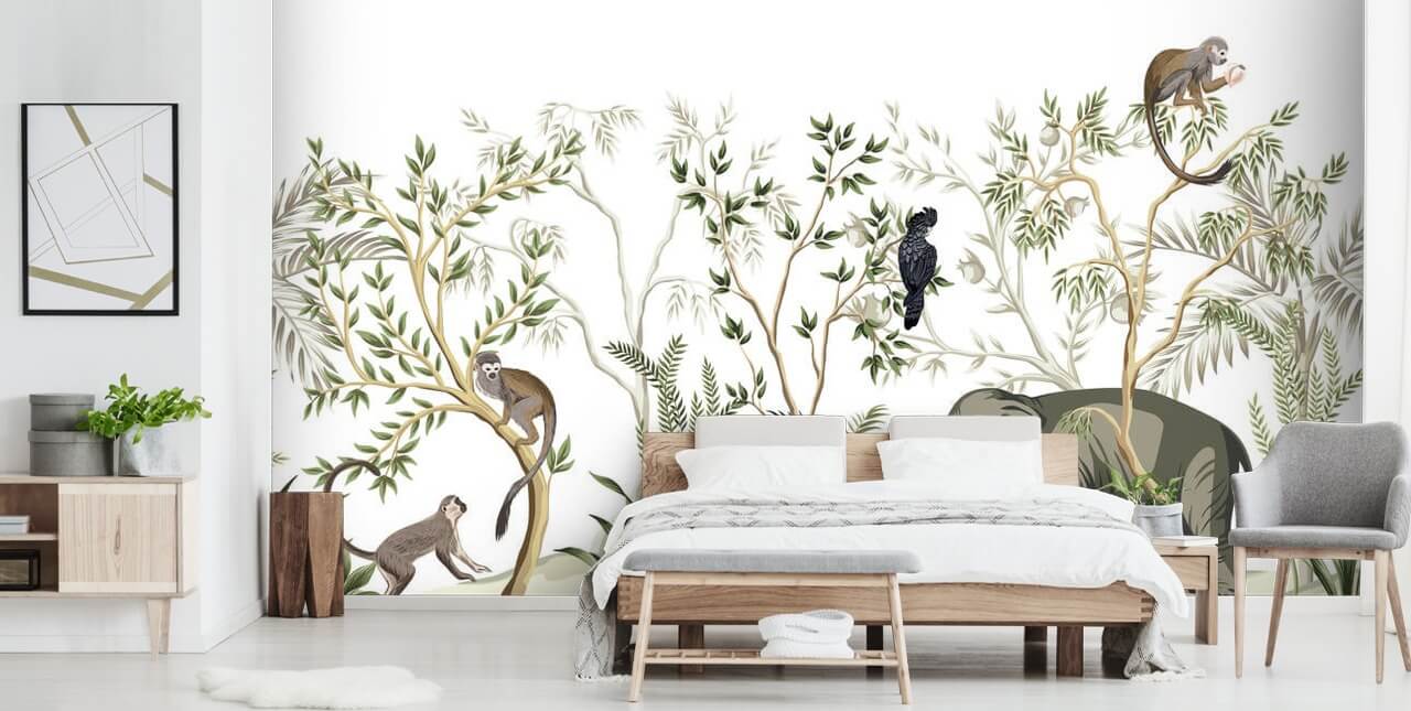 elephant, monkeys and and bird jungle wallpaper
