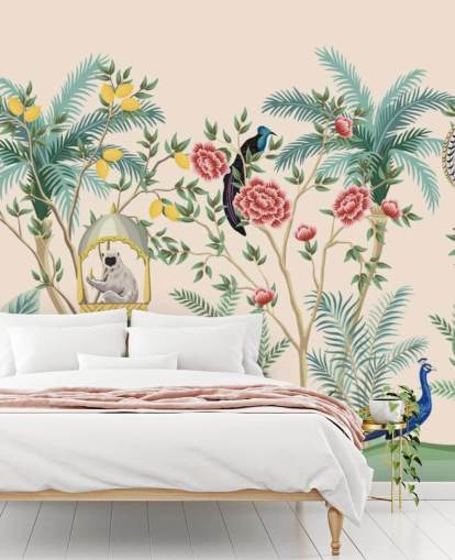 illustrated dressed elephant, peacock and monkey in flowered jungle wallpaper illustrated dressed elephant, peacock and monkey in flowered jungle wallpaper