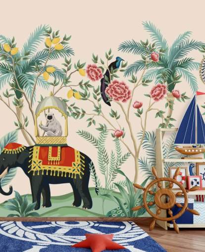 illustrated dressed elephant, peacock and monkey in flowered jungle wallpaper illustrated dressed elephant, peacock and monkey in flowered jungle wallpaper