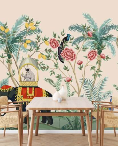 illustrerade klädd elefant, påfågel och apa i blommig djungel tapeter illustrerade klädd elefant, påfågel och apa i blommig djungel tapeter