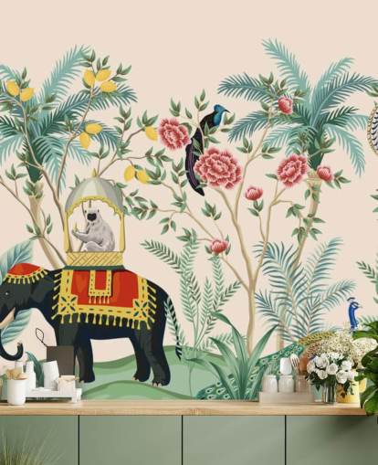 papier peint éléphant, paon et singe habillés illustrés dans la jungle fleurie papier peint éléphant, paon et singe habillés illustrés dans la jungle fleurie