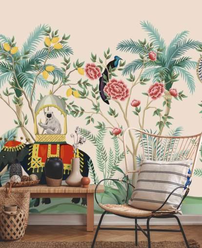 illustrierter gekleideter Elefant, Pfau und Affe im blühenden Dschungel Tapete illustrierter gekleideter Elefant, Pfau und Affe im blühenden Dschungel Tapete