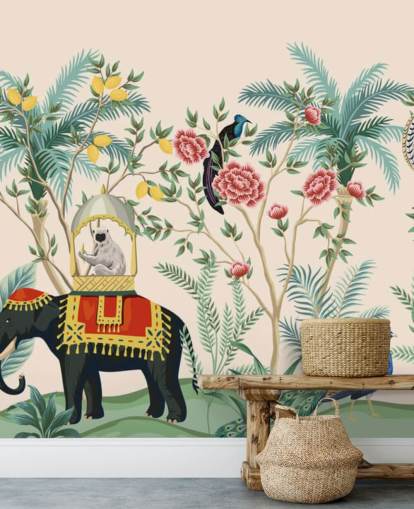 elefante vestido ilustrado, pavão e macaco em papel de parede selva florido elefante vestido ilustrado, pavão e macaco em papel de parede selva florido