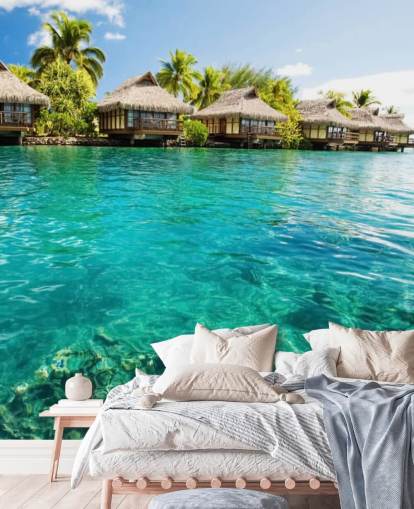 blå anpassad tropisk tapet väggmålning kallad Tropical Lagoon Heaven för vardagsrum, kök och matsalar blå anpassad tropisk tapet väggmålning kallad Tropical Lagoon Heaven för vardagsrum, kök och matsalar