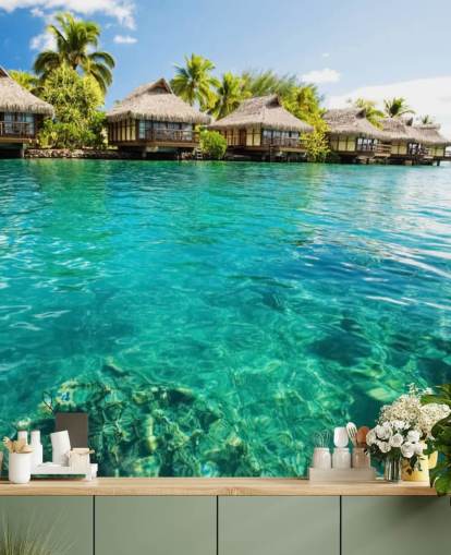 blaues kundenspezifisches tropisches Tapeten-Wandbild namens Tropical Lagoon Heaven für Wohnzimmer, Küchen und Esszimmer blaues kundenspezifisches tropisches Tapeten-Wandbild namens Tropical Lagoon Heaven für Wohnzimmer, Küchen und Esszimmer