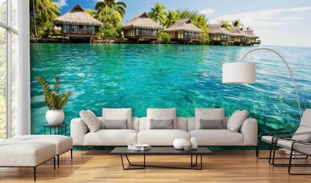 blauwe tropische behangmuurschildering op maat genaamd Tropical Lagoon Heaven voor woonkamers, keukens en eetkamers