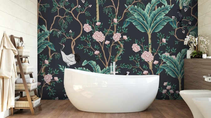 mørk floral og fugl chinoiserie tapet