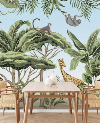 vintage illustration of lion, giraffe, elephant in jungle wallpaper vintage illustration of lion, giraffe, elephant in jungle wallpaper
