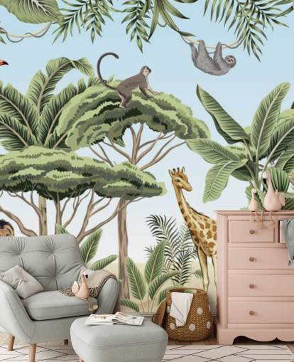 vintage illustration of lion, giraffe, elephant in jungle wallpaper vintage illustration of lion, giraffe, elephant in jungle wallpaper