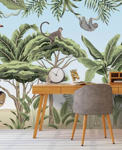 vintage illustration of lion, giraffe, elephant in jungle wallpaper vintage illustration of lion, giraffe, elephant in jungle wallpaper