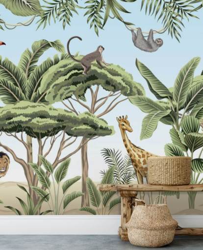 Vintage-Illustration von Löwe, Giraffe, Elefant im Dschungel Tapete Vintage-Illustration von Löwe, Giraffe, Elefant im Dschungel Tapete