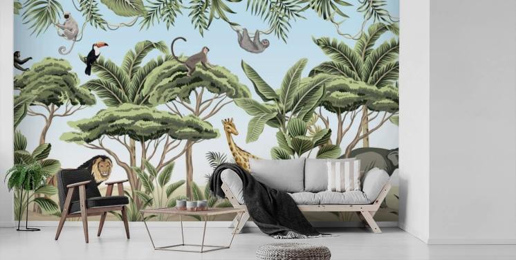 illustration vintage de lion, girafe, éléphant dans la jungle papier peint