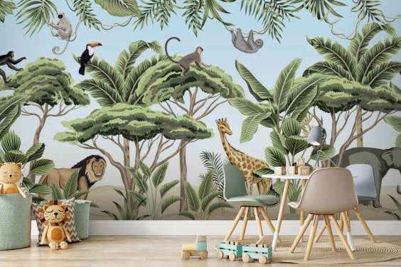 vintage illustrasjon av løve, giraff, elefant i jungelen tapet