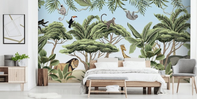 vintage illustration of lion, giraffe, elephant in jungle wallpaper