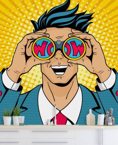 Pop-Art-Mann hält ein Fernglas und sagt wow Pop-Art-Mann hält ein Fernglas und sagt wow