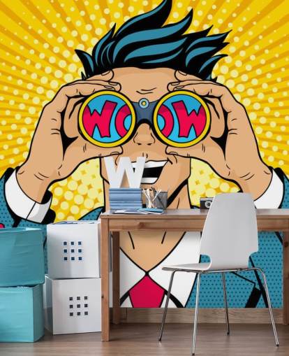 pop-art man met verrekijker en zegt wow pop-art man met verrekijker en zegt wow