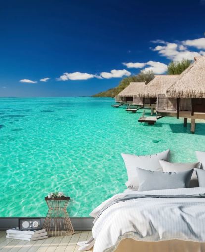 blå tropisk strand tapet veggmaleri kalt Ocean View Villas for hjem, kontorer og bedrifter blå tropisk strand tapet veggmaleri kalt Ocean View Villas for hjem, kontorer og bedrifter