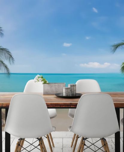 blått og gull tilpasset strandtapet veggmaleri kalt Tropical Beach Panoramic for kontorer, soverom og venterom blått og gull tilpasset strandtapet veggmaleri kalt Tropical Beach Panoramic for kontorer, soverom og venterom