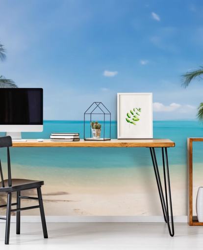 papier peint de plage personnalisé bleu et or appelé Tropical Beach Panoramic pour les bureaux, les chambres et les salles d'attente papier peint de plage personnalisé bleu et or appelé Tropical Beach Panoramic pour les bureaux, les chambres et les salles d'attente