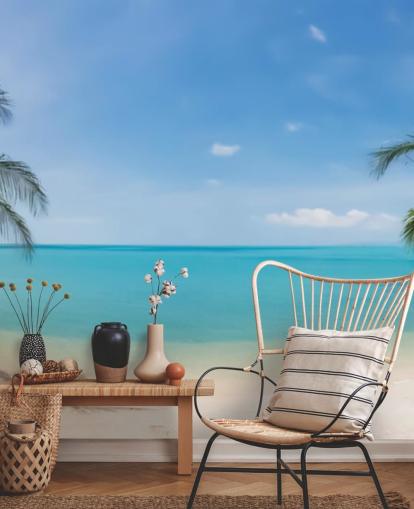 blue and gold custom beach wallpaper mural called Tropical Beach Panoramic for offices, bedrooms and waiting rooms blue and gold custom beach wallpaper mural called Tropical Beach Panoramic for offices, bedrooms and waiting rooms