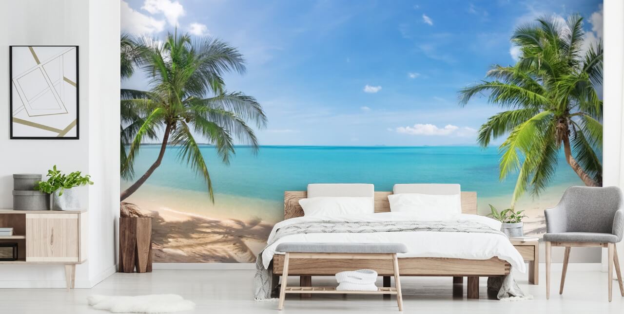 blue and gold custom beach wallpaper mural called Tropical Beach Panoramic for offices, bedrooms and waiting rooms