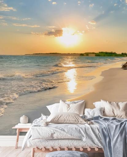 carta da parati murale blu e arancione sulla spiaggia chiamata Tranquil Beach Sunset per uffici carta da parati murale blu e arancione sulla spiaggia chiamata Tranquil Beach Sunset per uffici